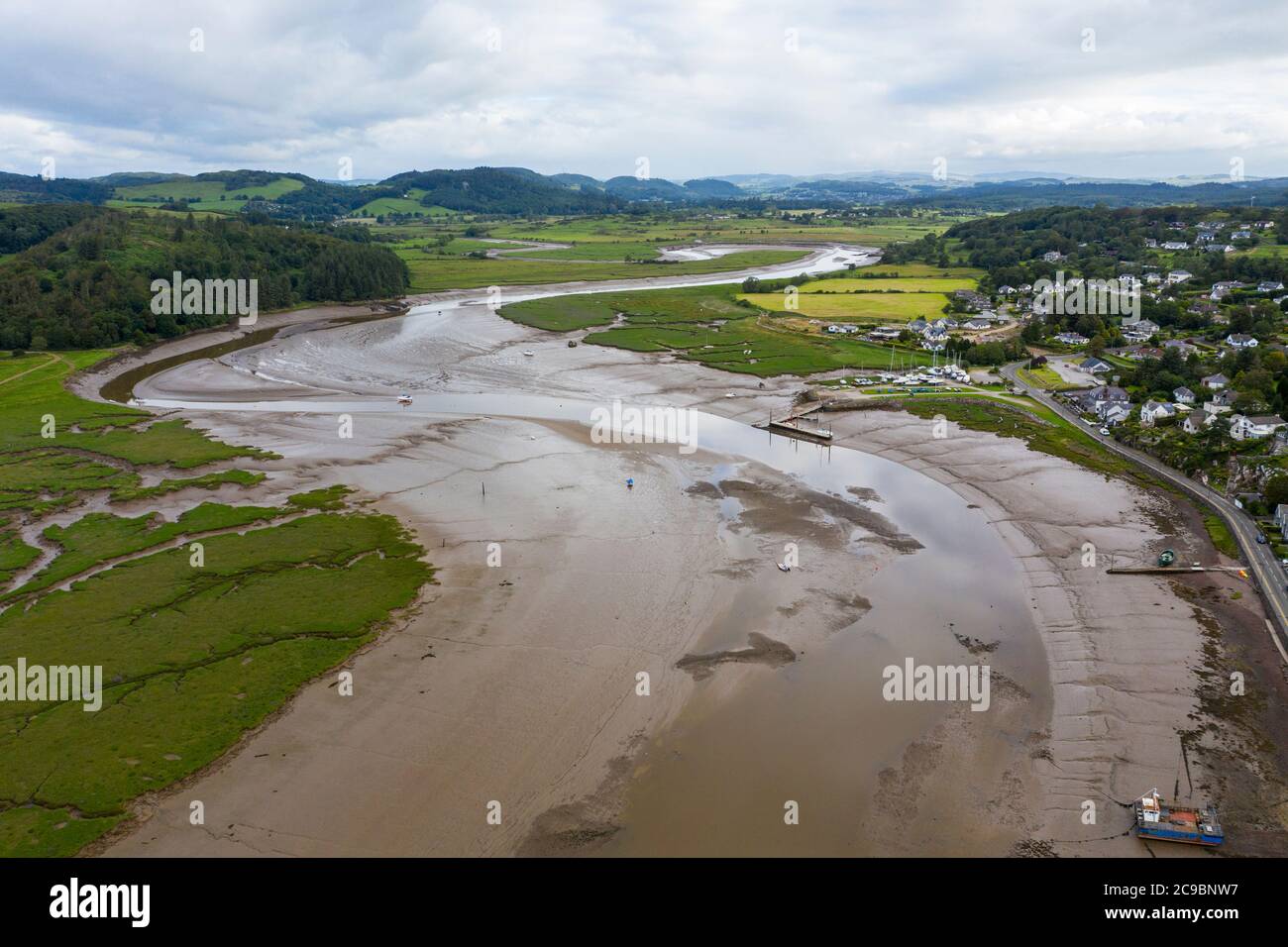 Aerial view of Kippford and the River Urr estuary at low tide, Kirkcudbrightshire, Dumfries and Galloway, Scotland. Stock Photo