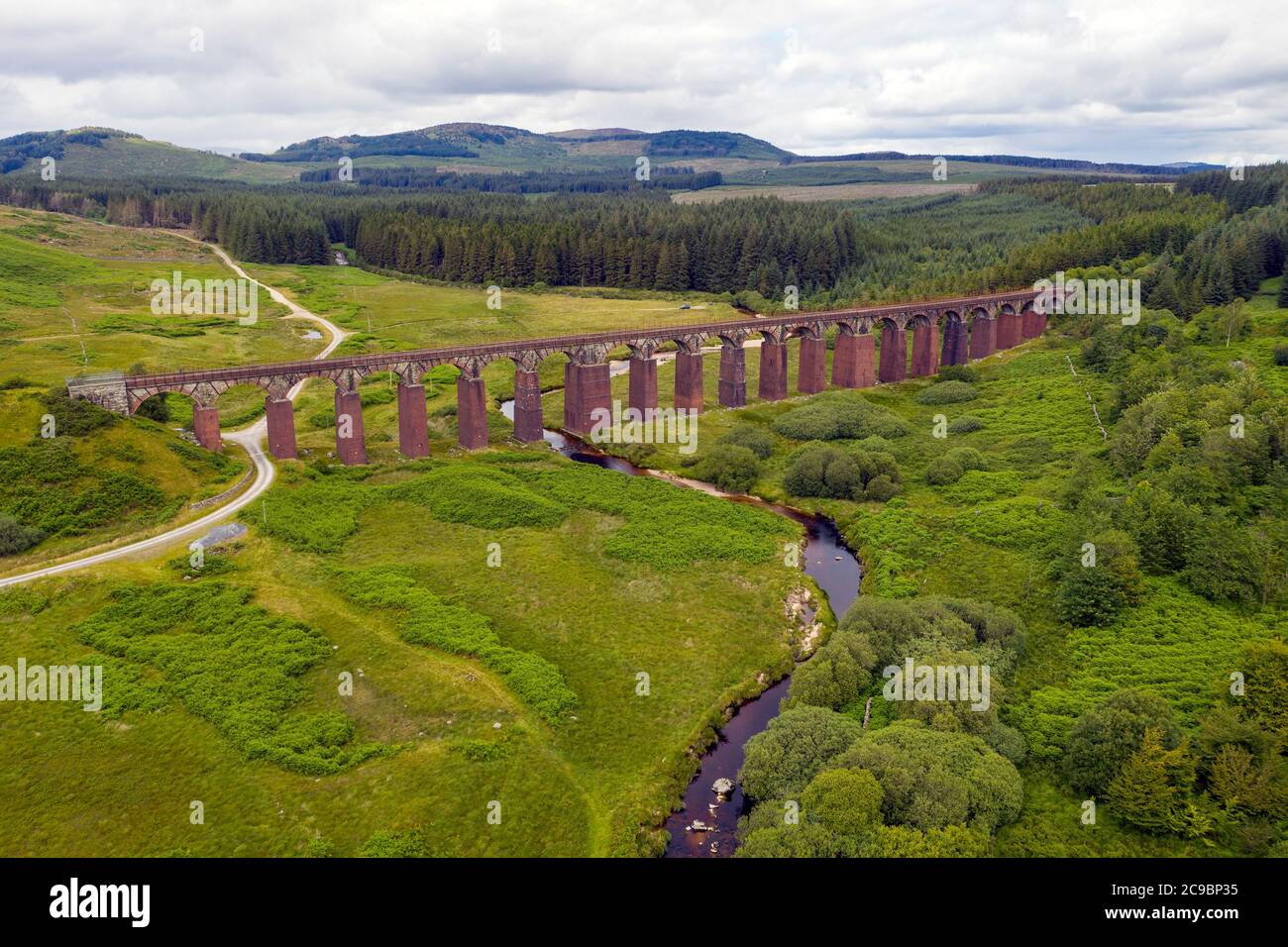 Aerial view of the Big Water of Fleet railway viaduct northwest of Gatehouse of Fleet, Kirkcudbrightshire,  Dumfries and Galloway, Scotland. Stock Photo