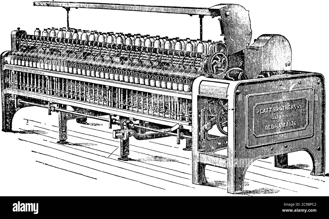 Throstle, is made with two sets of drawing rollers, one on each side, roving bobbins are placed between them, vintage line drawing or engraving illust Stock Vector