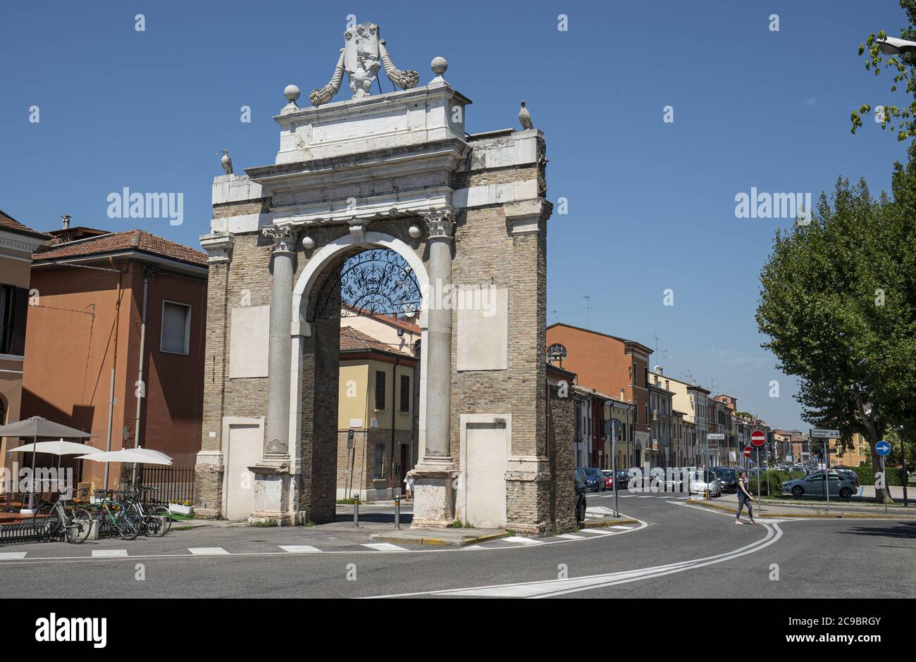 Porta Nuova, also called Porta Gregoriana or Porta Pamphilia, is a monumental gate in Ravenna, located in the far south of Via di Roma, in the souther Stock Photo