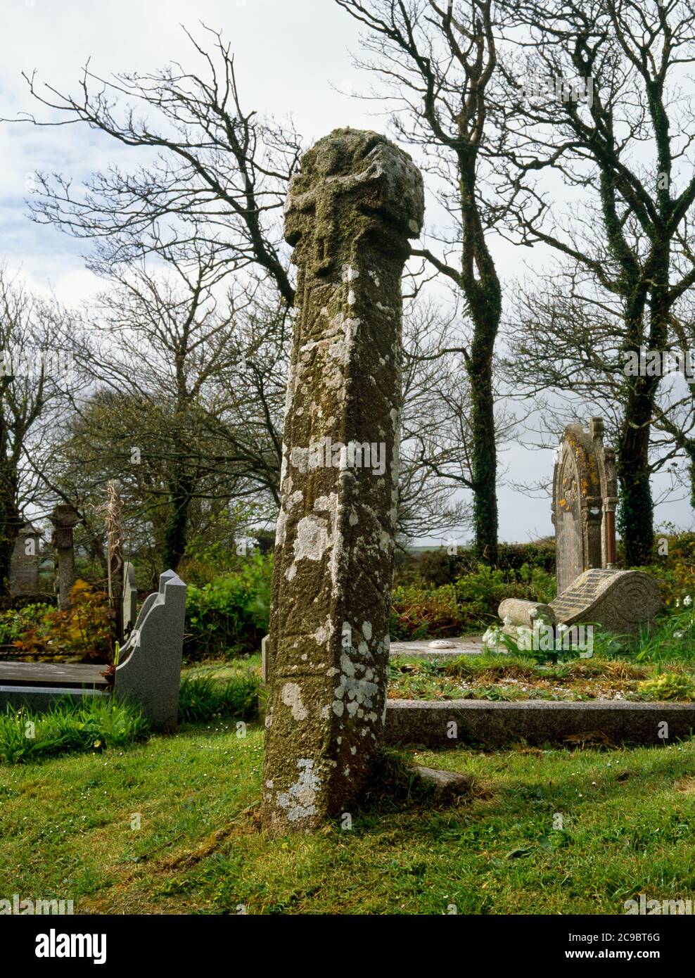 View SSW of the tall granite wheel head churchyard cross S of St Credan's Church, Sancreed, Cornwall, England, UK: a re-used Early Christian memorial. Stock Photo