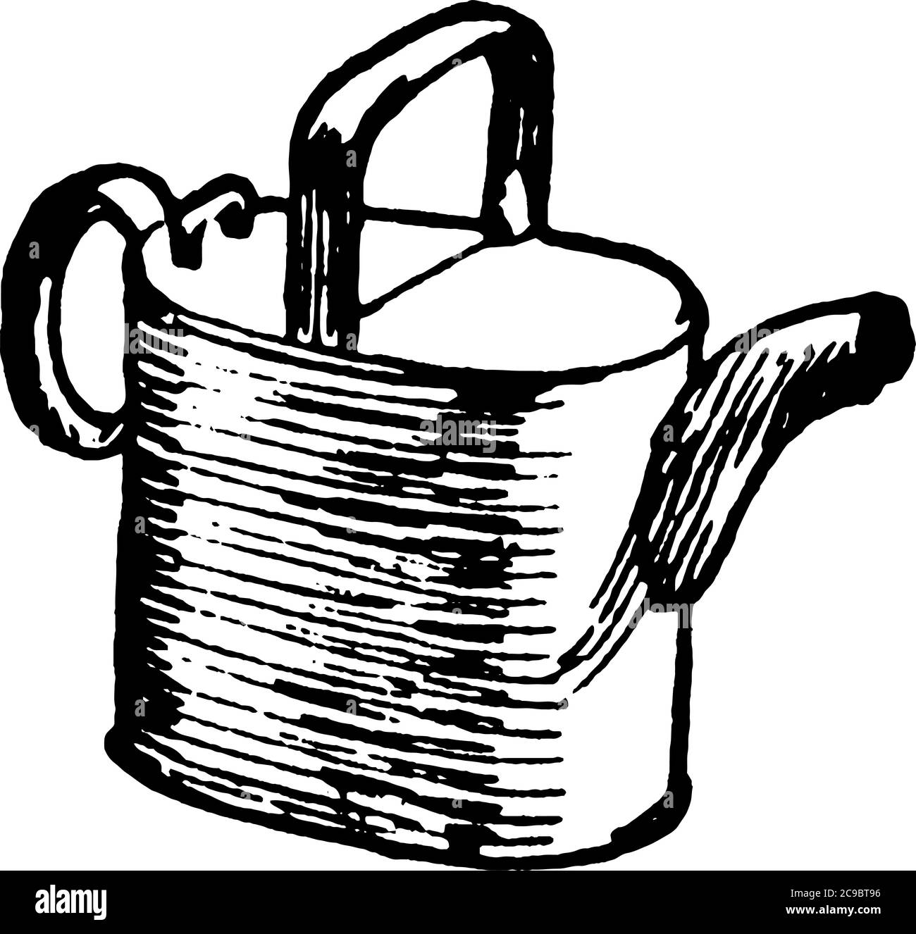 Watering can, a vessel, usually have an opening with a lid at their top, a handle for holding by hand and a spout through which the water is served, v Stock Vector