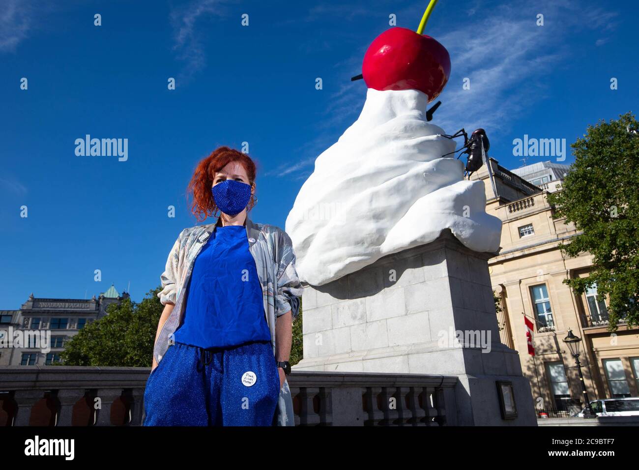 EDITORIAL USE ONLY Artist Heather Phillipson unveils her artwork entitled THE END on Trafalgar Square's Fourth Plinth, in London today. Stock Photo