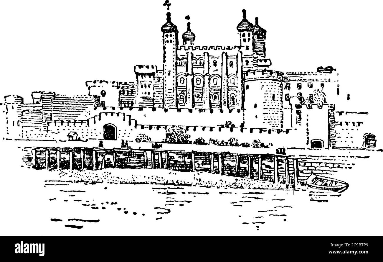 The historic Tower of London is a historic castle located on the north bank of the River Thames in central London, served as an armoury, a treasury, a Stock Vector