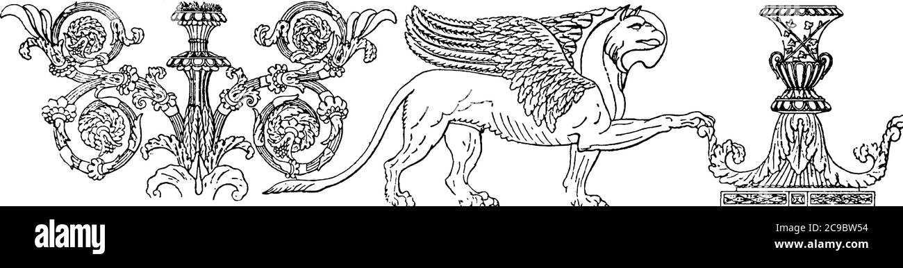 A typical representation of a Roman Banner, with bold patterns, fancy swirls, repeated designs and a gryphon, wings of an eagle and the body of a lion Stock Vector