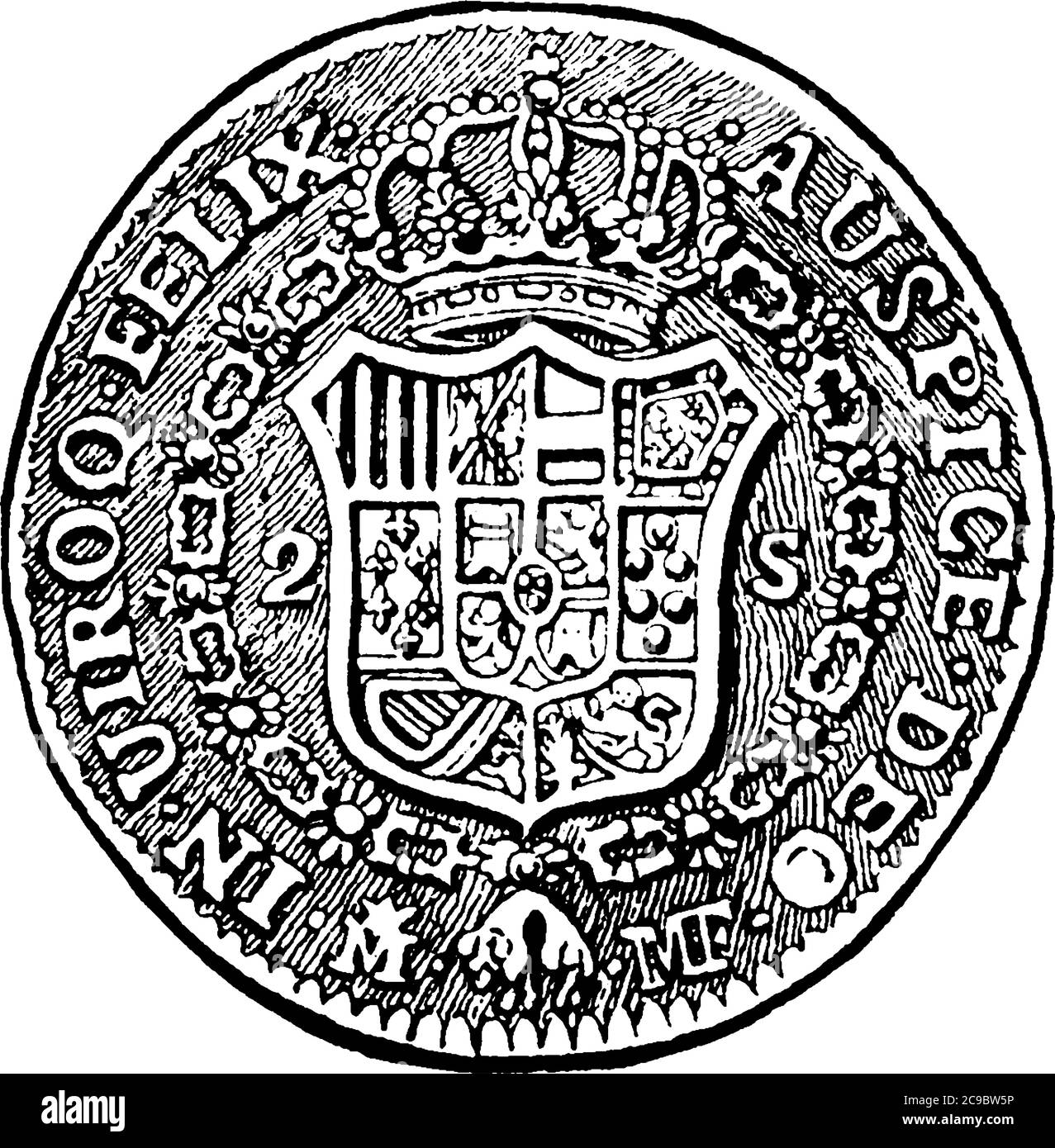 The back side of a common Spanish gold coin. Pistole is the French name