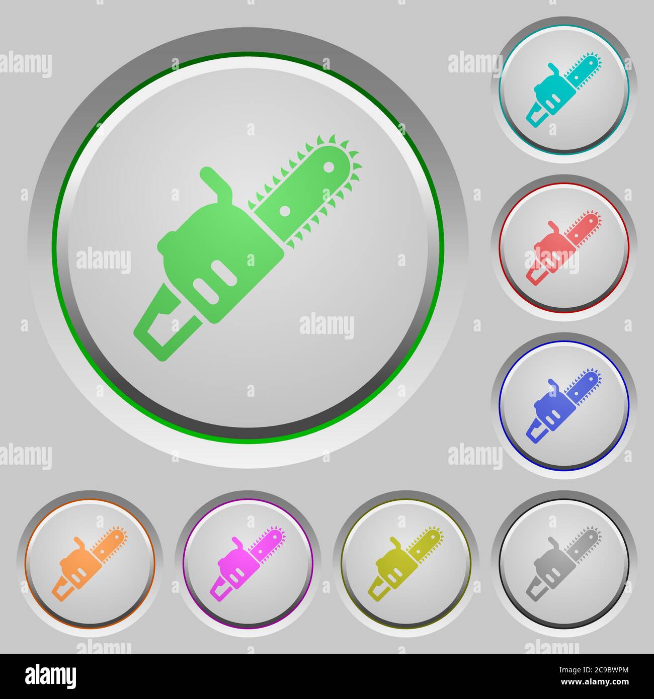 Chainsaw color icons on sunk push buttons Stock Vector