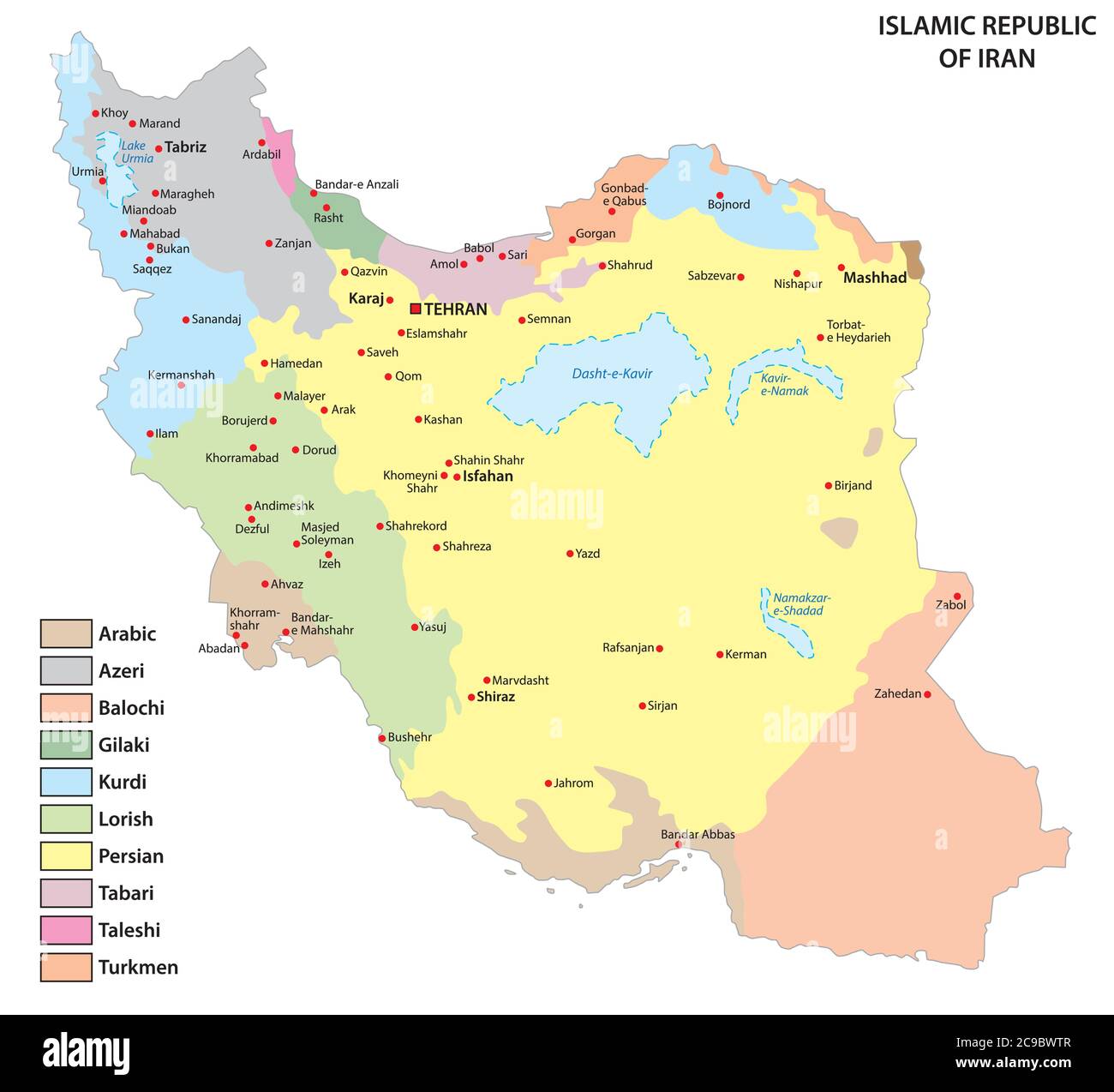 vector map with the distribution of the main language areas of Iran Stock Vector