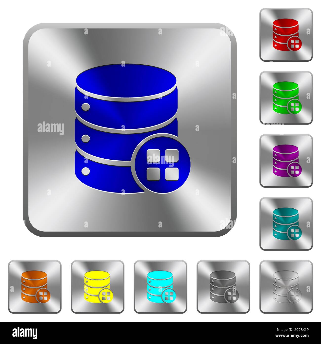 Database modules engraved icons on rounded square glossy steel buttons Stock Vector
