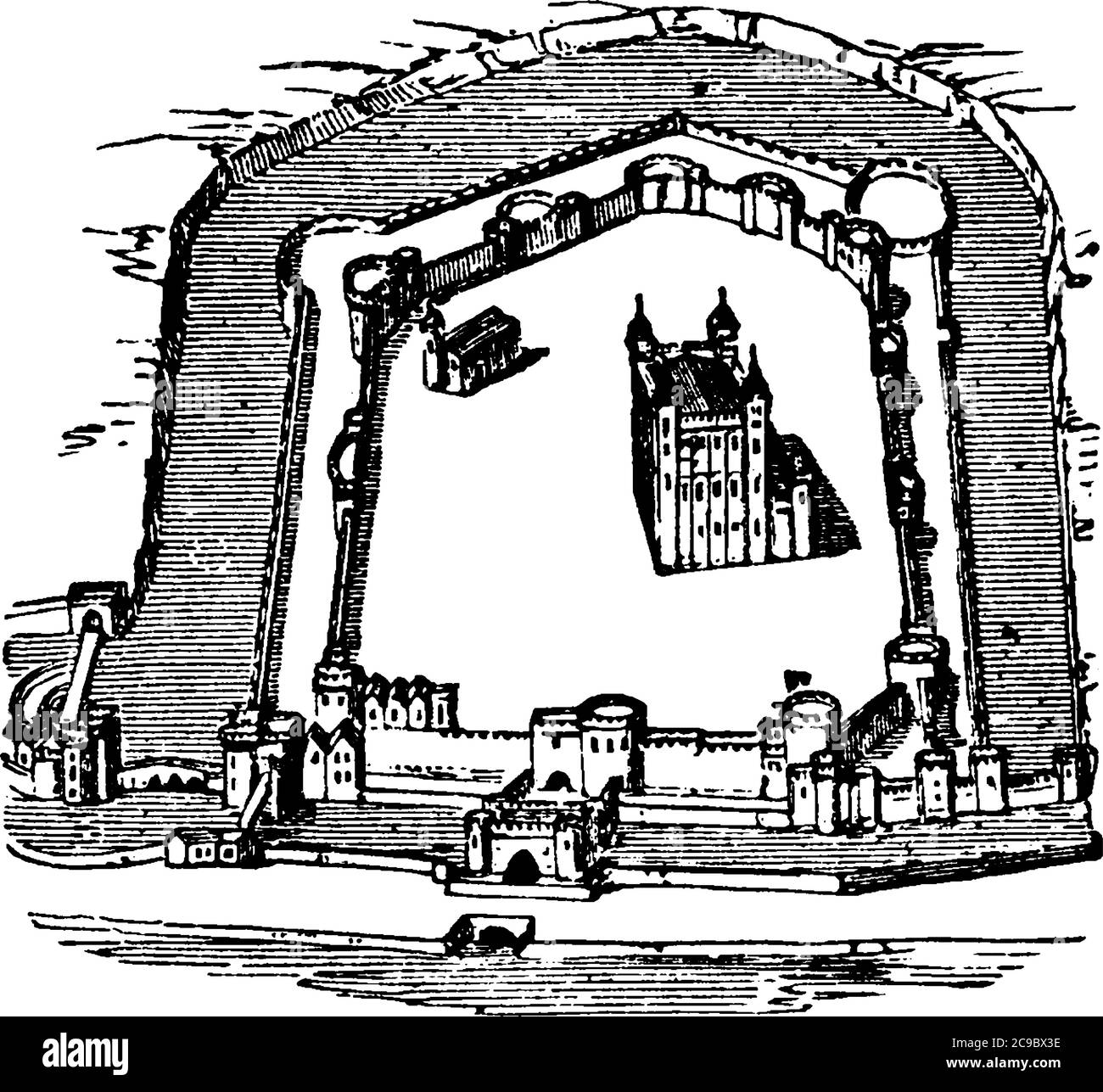 Schematic shows Tower of London, is a historic castle located on the north bank of the River Thames in central London, vintage line drawing or engravi Stock Vector