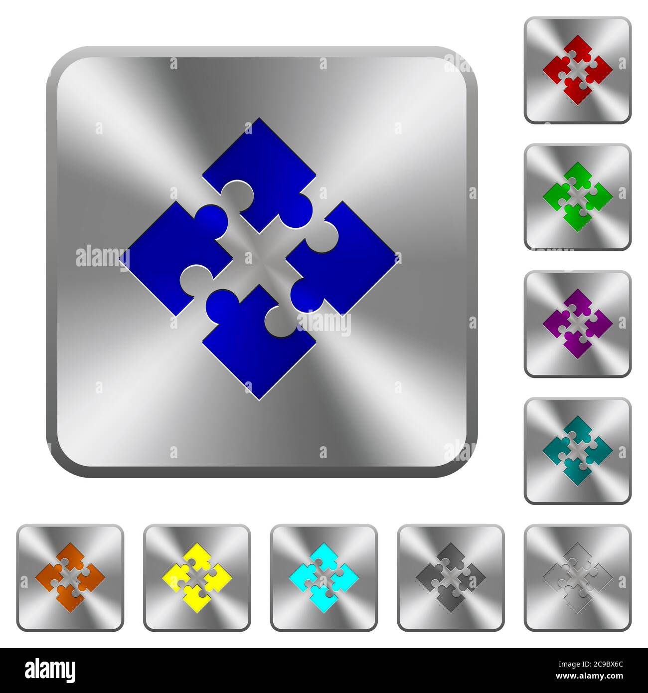 Modules engraved icons on rounded square glossy steel buttons Stock Vector