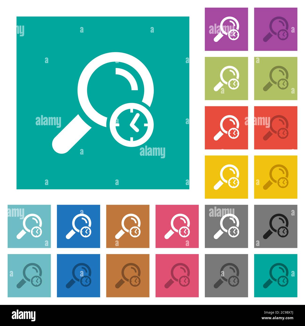 Query time multi colored flat icons on plain square backgrounds. Included white and darker icon variations for hover or active effects. Stock Vector