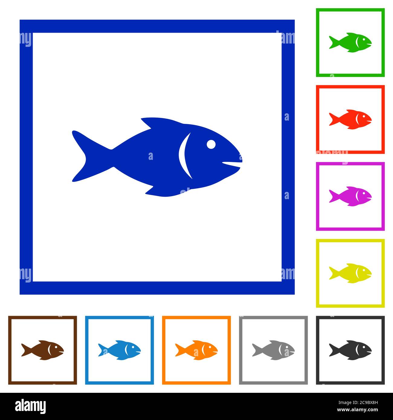 Fish flat color icons in square frames on white background Stock Vector