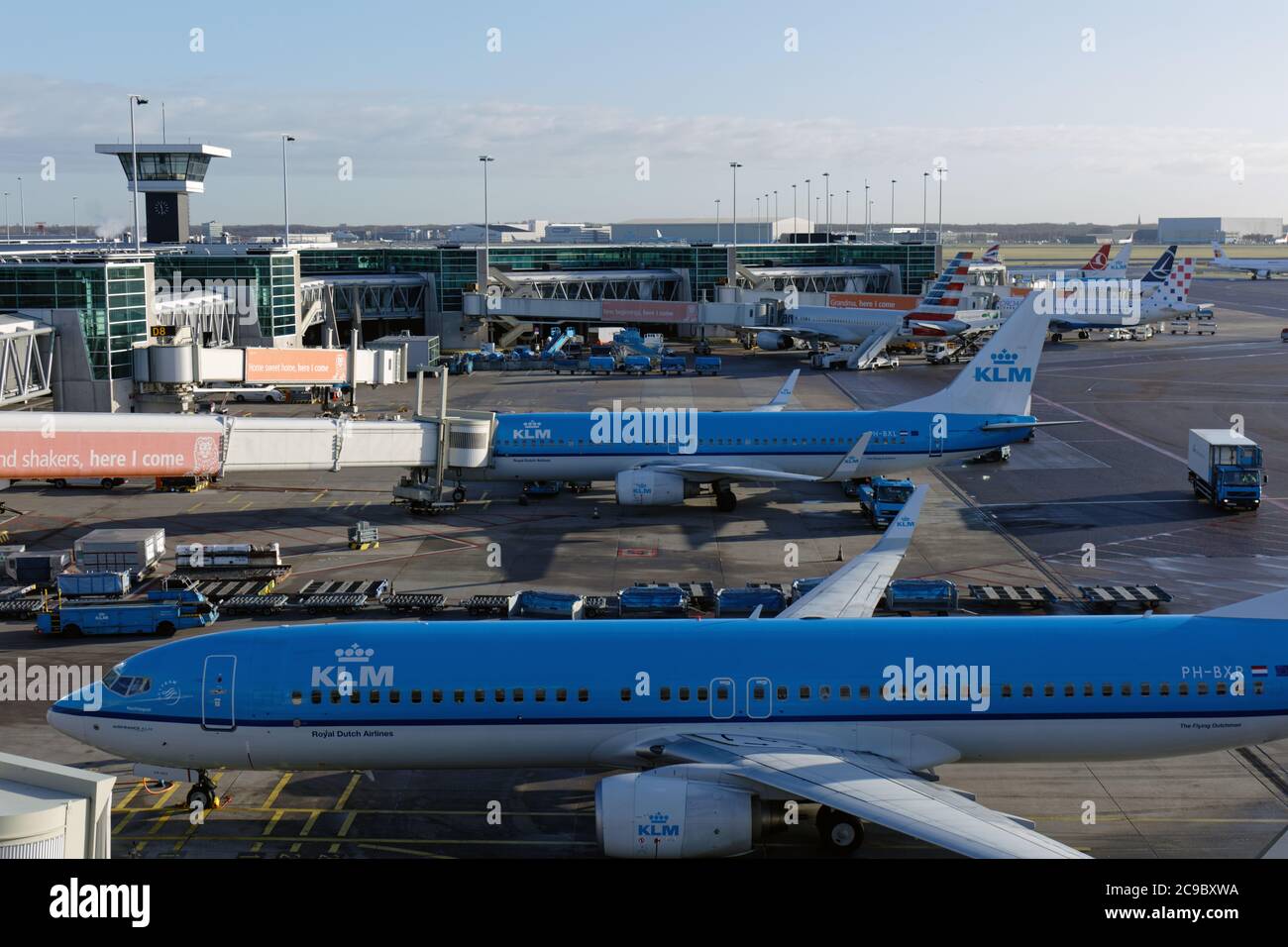 Passenger aircrafts of KLM Royal Dutch Airlines  in the airport Schiphol, Netherlans Stock Photo