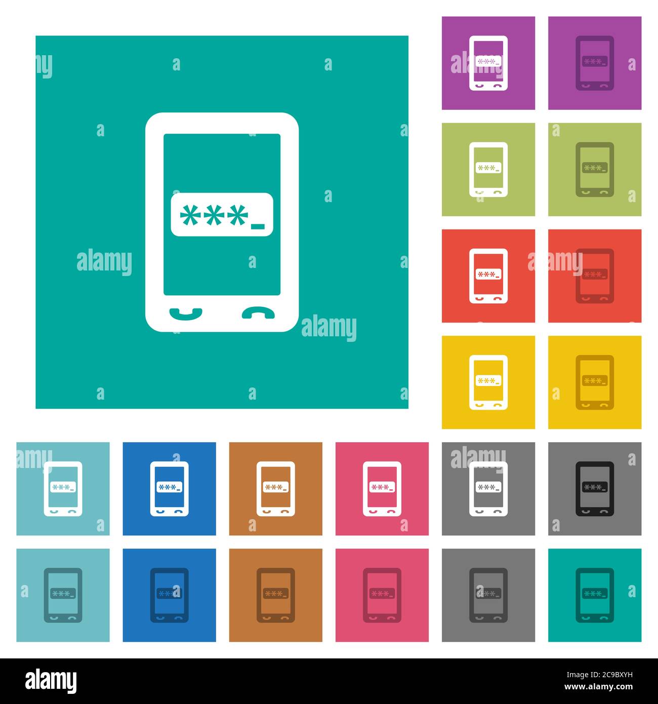 Mobile pin code multi colored flat icons on plain square backgrounds. Included white and darker icon variations for hover or active effects. Stock Vector