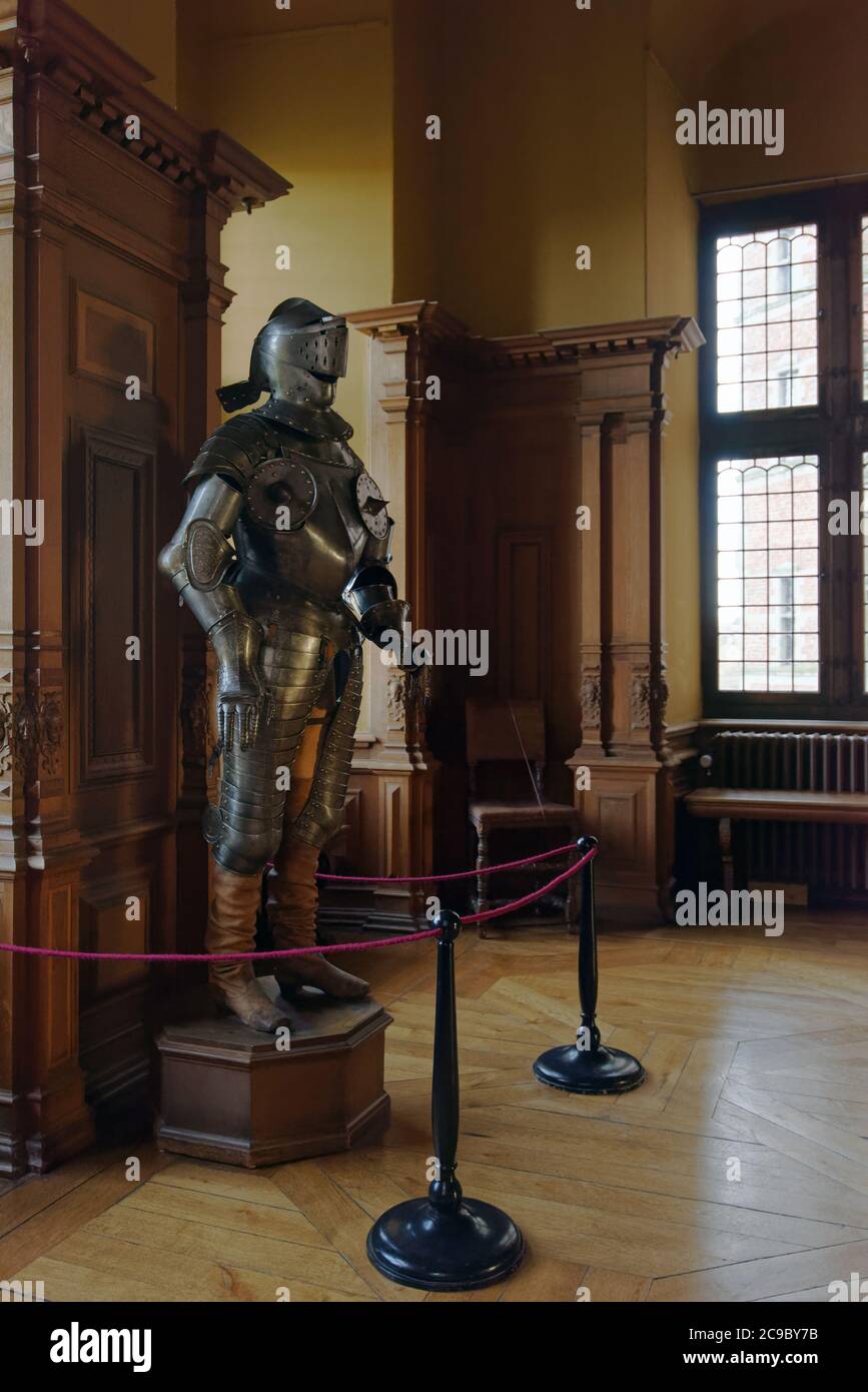 Interior of Frederiksborg Castle, Hillerod, Denmark with exposed knight's armour Stock Photo