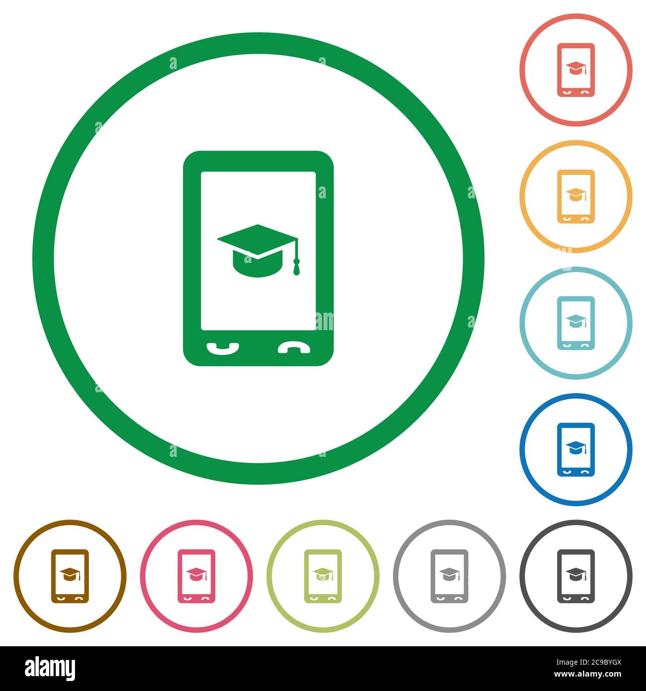 Mobile learning flat color icons in round outlines on white background ...