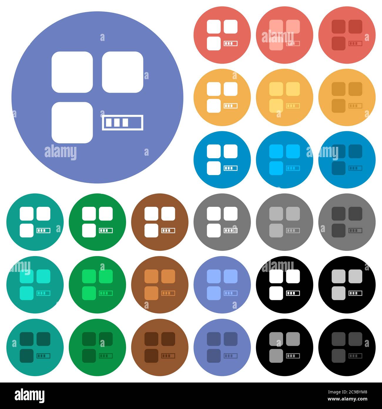 Component processing multi colored flat icons on round backgrounds. Included white, light and dark icon variations for hover and active status effects Stock Vector