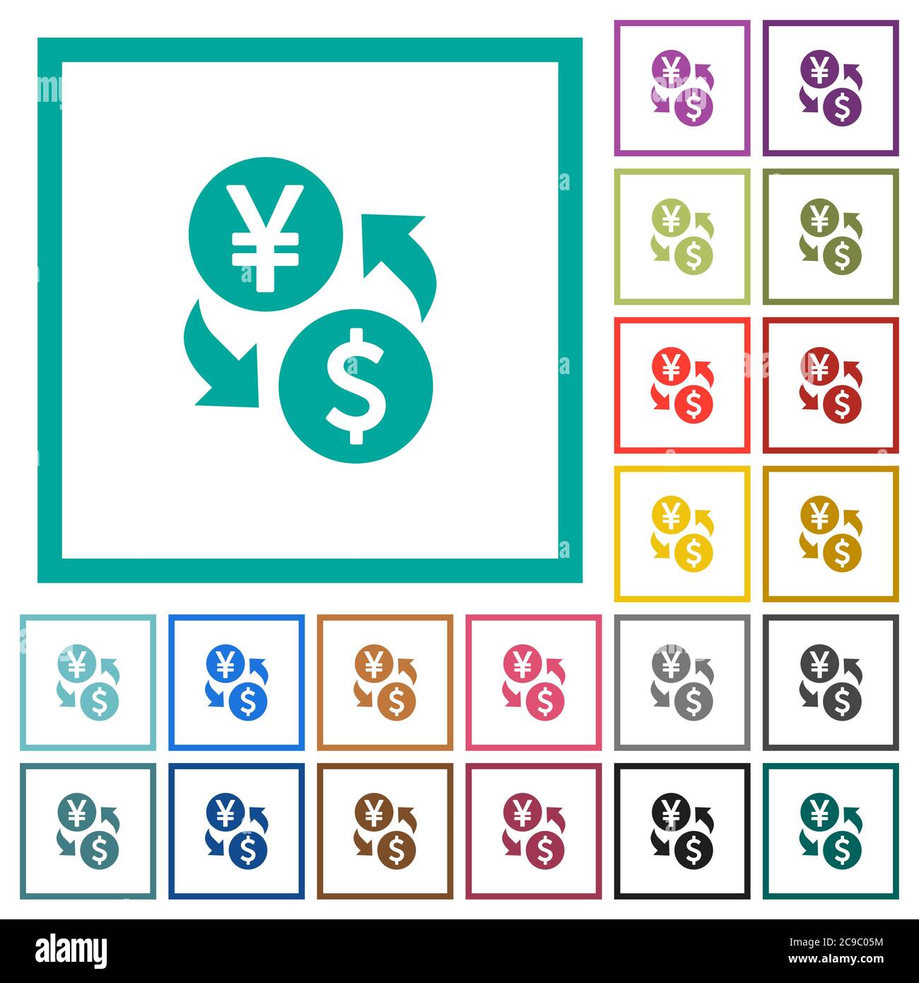 Yen Dollar money exchange flat color icons with quadrant frames on ...