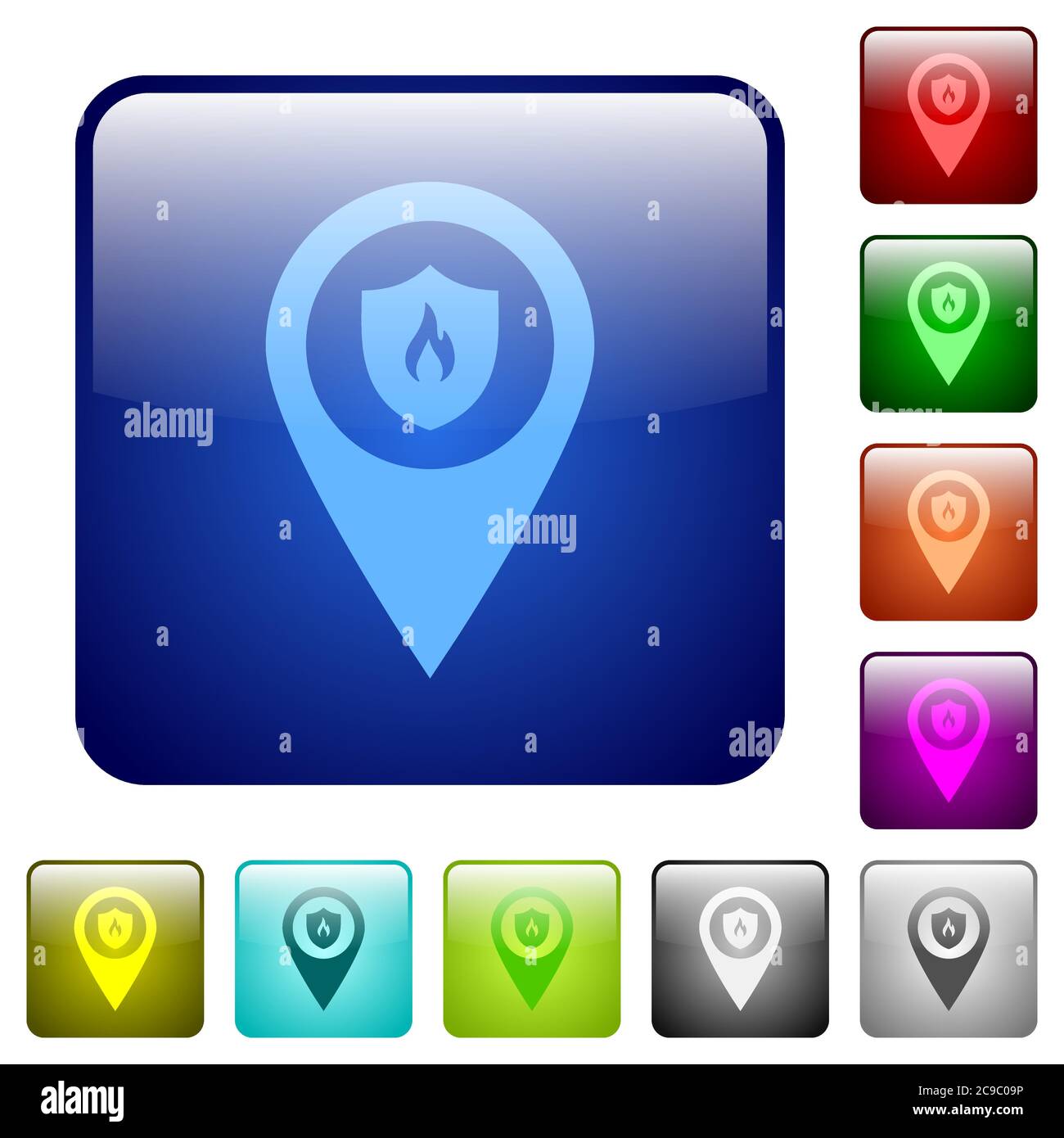 Fire station GPS map location icons in rounded square color glossy ...