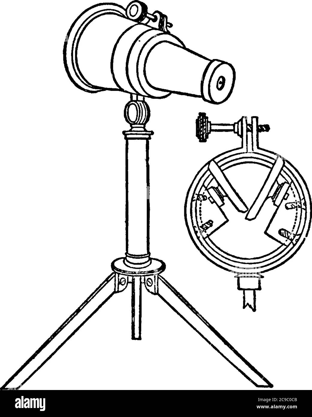 In this optical instrument with a cone-shaped body, mounted on top of a central pillar with tripod legs that could be folded. The mirrors are so arran Stock Vector