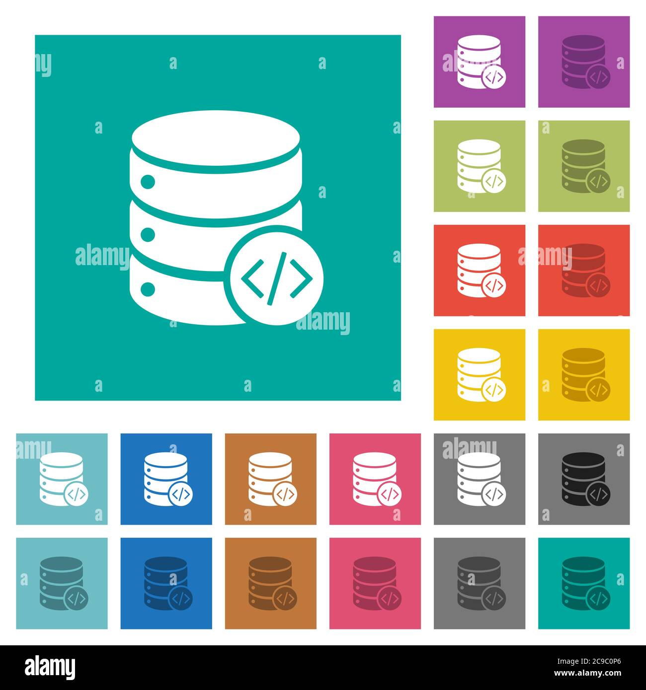 Database programming multi colored flat icons on plain square backgrounds. Included white and darker icon variations for hover or active effects. Stock Vector