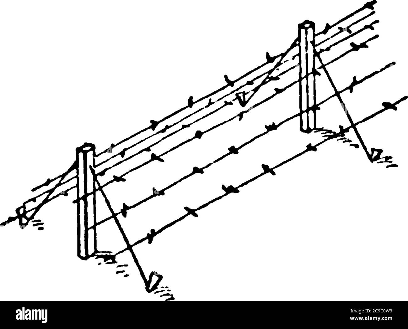 An ordinary barbed-wire fence is an obstacle if well swept by fire. It becomes more formidable if a ditch is dug on one or both sides to obstruct the Stock Vector