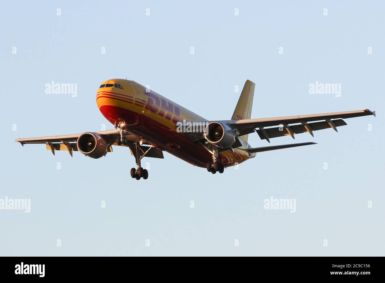 An Airbus A300B4-622R(F) flying for DHL European Air Transport lands at London Heathrow Airport Stock Photo