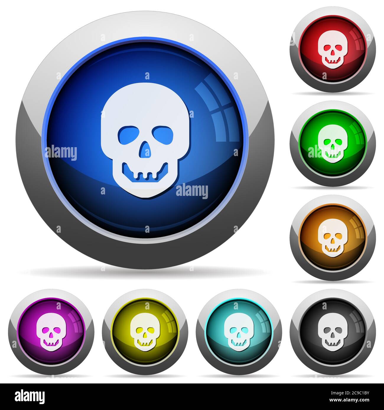 Human skull icons in round glossy buttons with steel frames Stock Vector