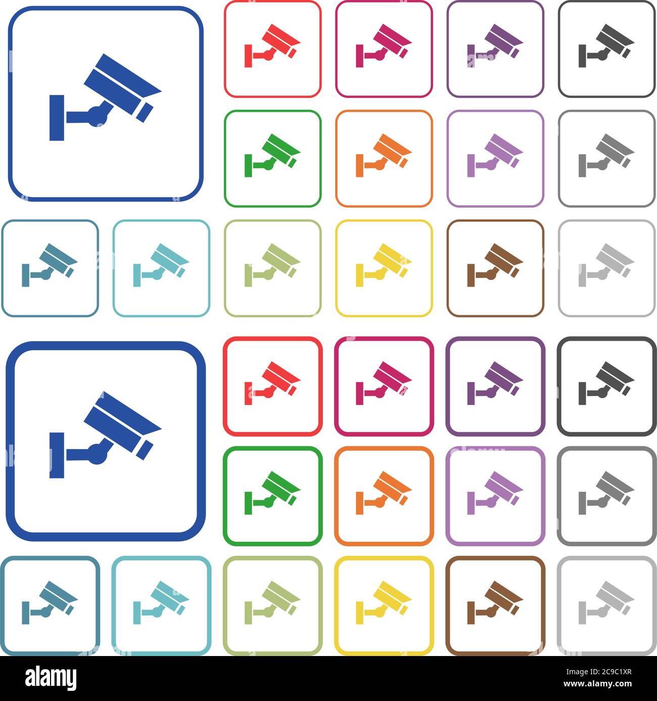 Security camera color flat icons in rounded square frames. Thin and thick versions included. Stock Vector