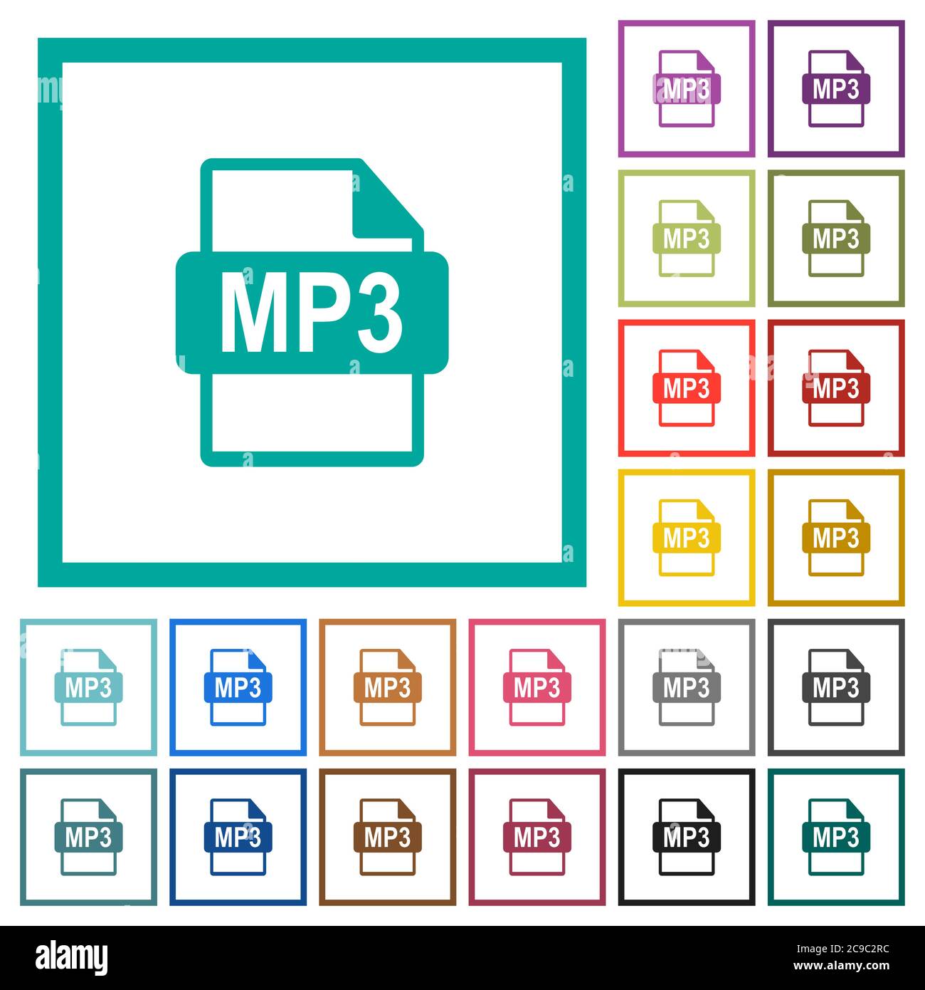 MP3 file format flat color icons with quadrant frames on white background Stock Vector