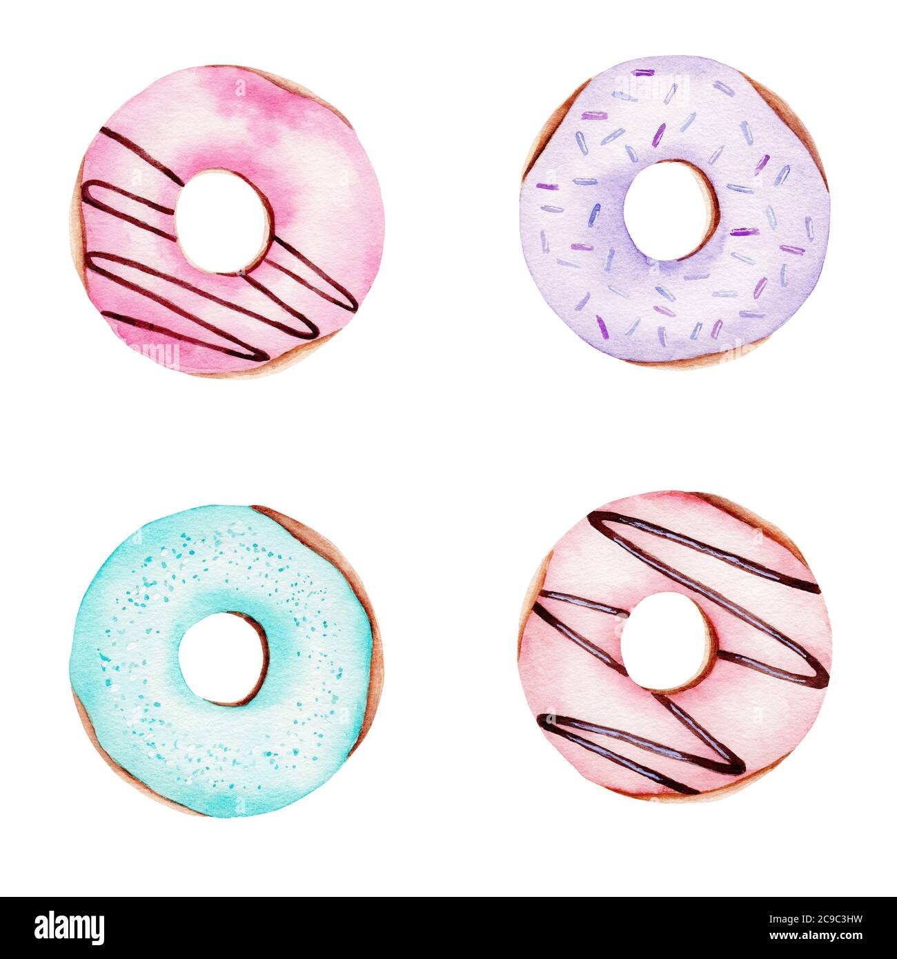 Donuts hand drawn watercolor clipart isolated in white. Sweet dessert food illustration set. Stock Photo