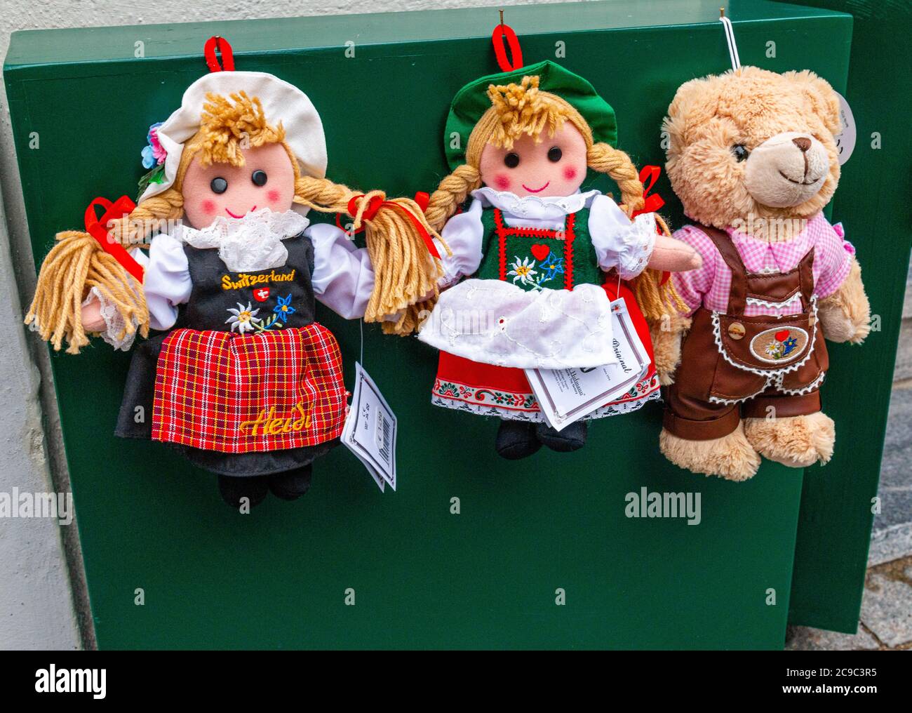 Traditional handmade dols and teddy bear, Christmas  decorations.  Christmas Market, Christkindlmarkt, Durstein Austria Stock Photo