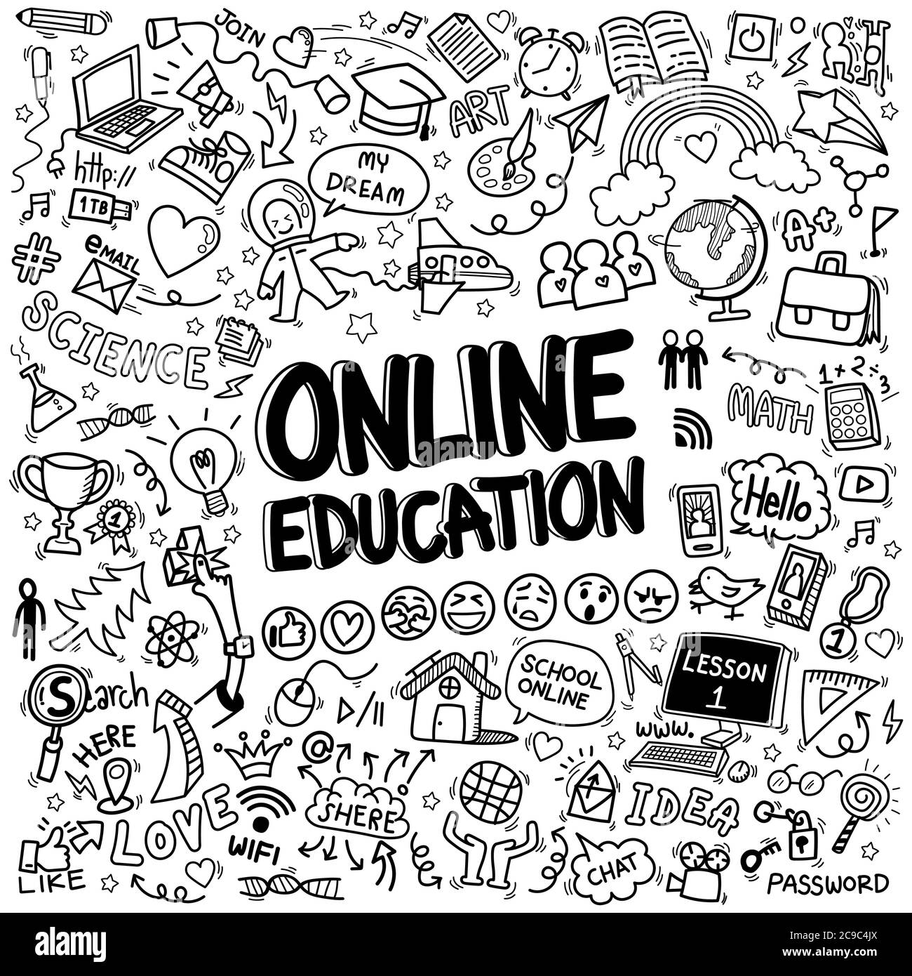 online education doodle icons pattern background. hand drawn cartoon education sign and stationery supply item and icon symbols isolated on white Stock Vector