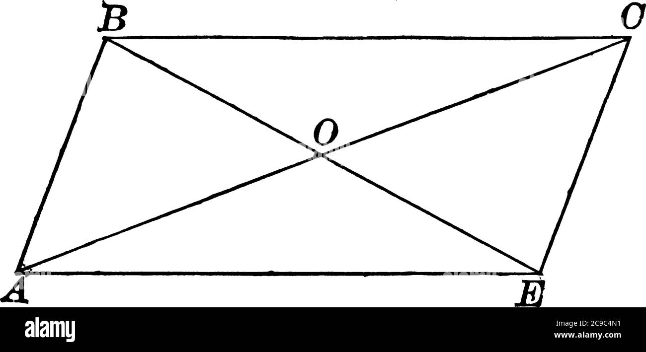Parallelogram with two pairs of parallel sides, four vertices A, B,C,E, and diagonal AC and AE bisecting each other at point O as shown, vintage line Stock Vector