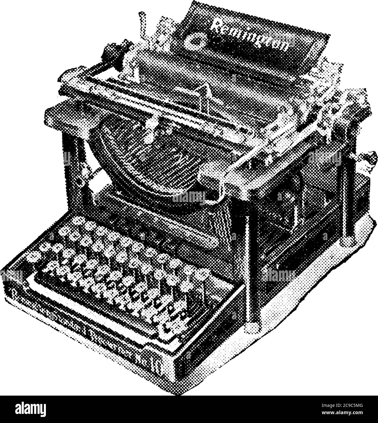 Typewriter, a machine fitted with types which print by a pressure on the keys with the fingers. A series of rods pivoted to keyed rods, similar to the Stock Vector