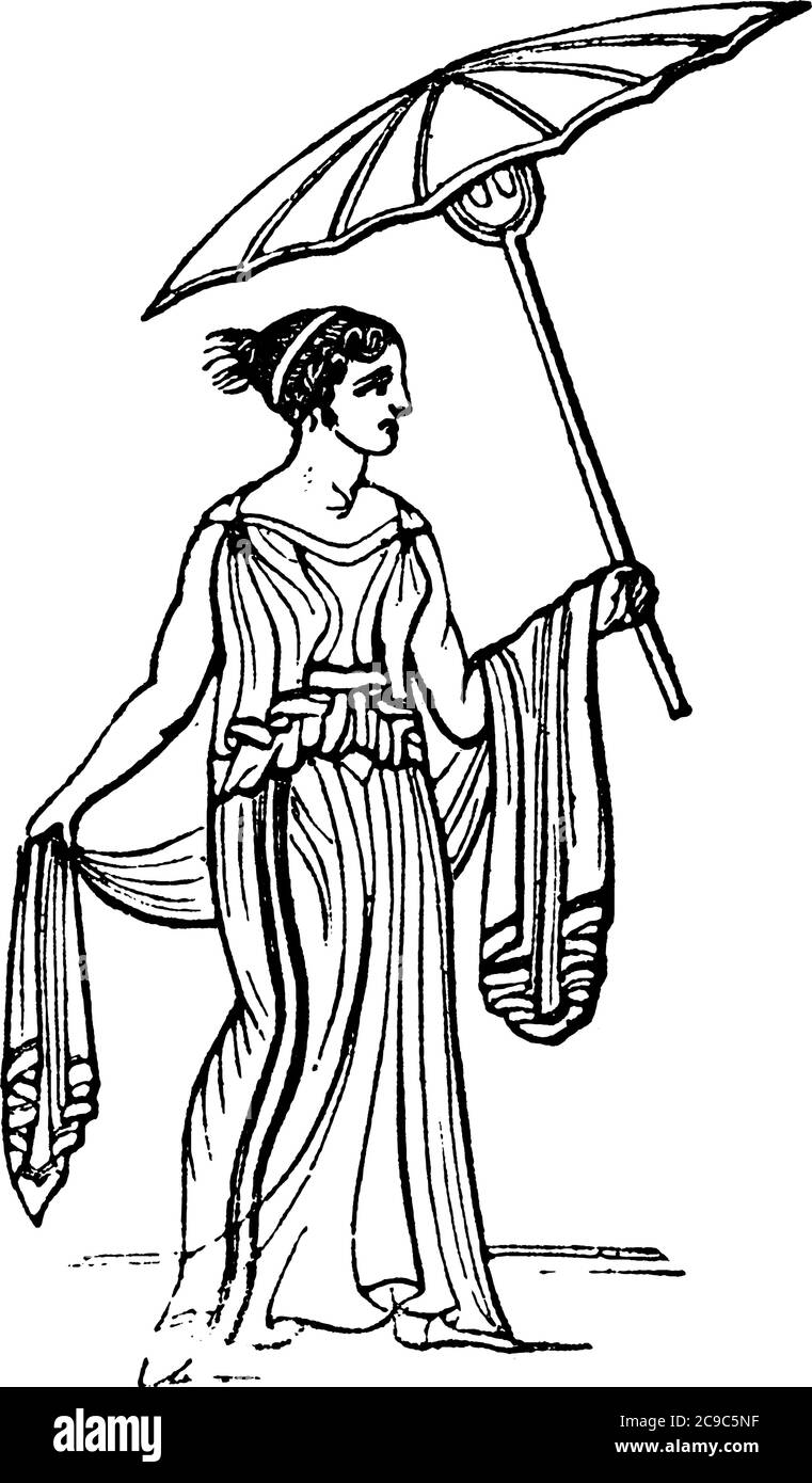 Umbraculum, Umbella, a parasol, was used by Greek and Roman ladies as a protection against the sun. They were carried by female slaves who held them o Stock Vector