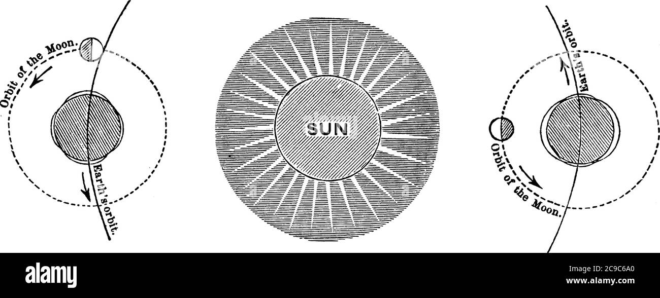 Positions of orbit of moon with sun. Sun and moon are 90 degree apart and produces a tide over earth, vintage line drawing or engraving illustration. Stock Vector