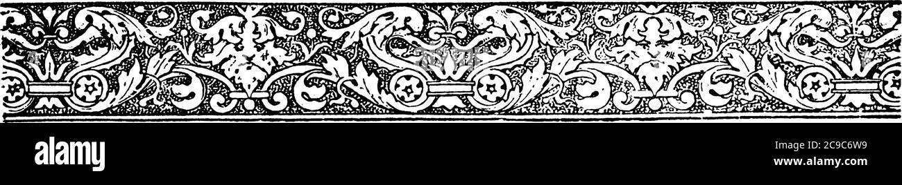 Ornate divider with regular bold patterns, at the center, surrounded by man's face on each sides, repeated designs, and floral decorations on a horizo Stock Vector