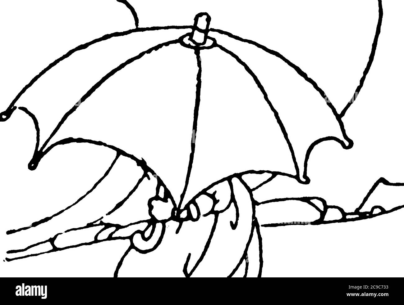 A typical representation of a small girl, walking under an umbrella in the rain, vintage line drawing or engraving illustration. Stock Vector