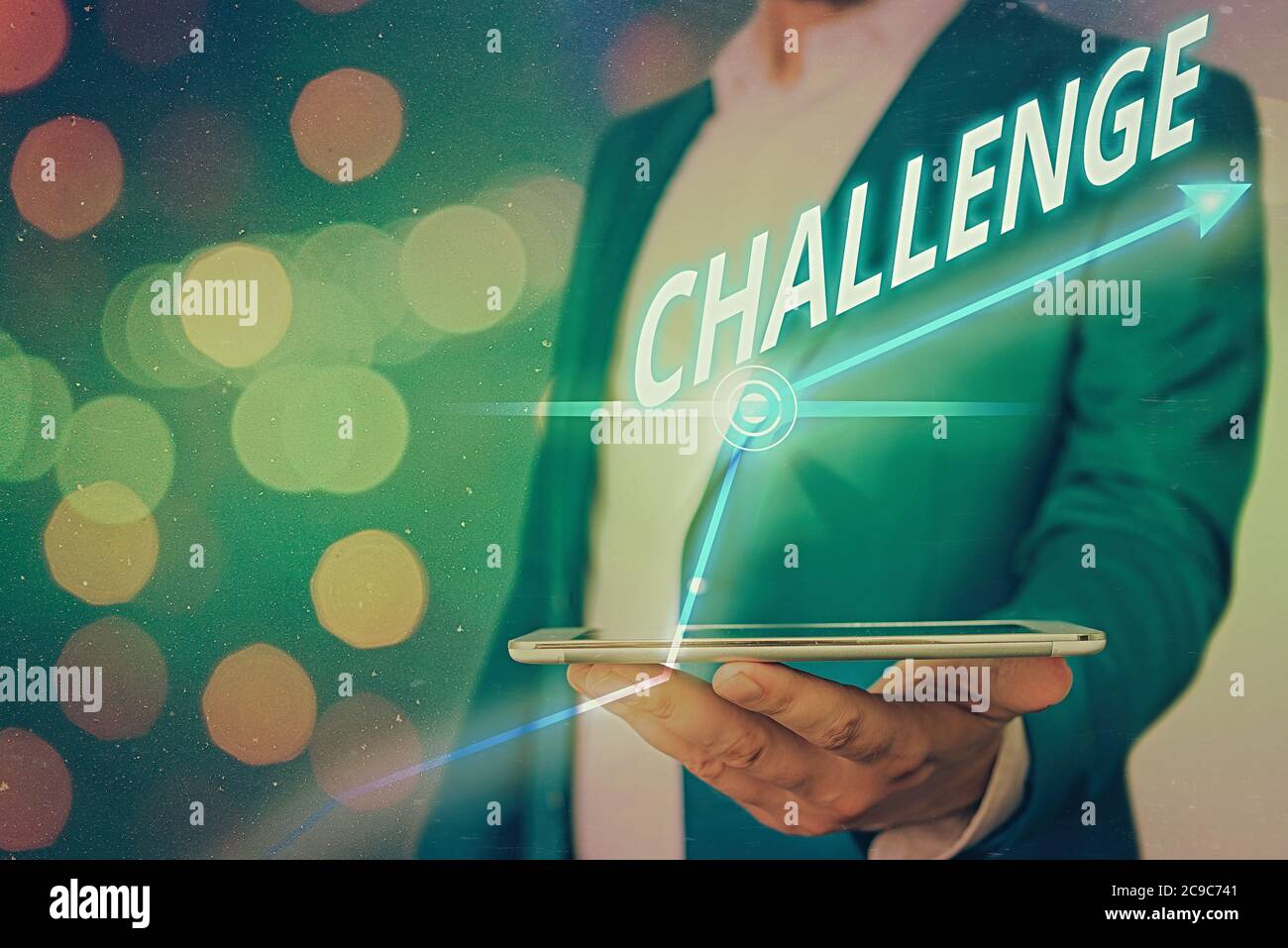 Word writing text Challenge. Business photo showcasing process of provoking or testing physiological activity by exposure Arrow symbol going upward de Stock Photo