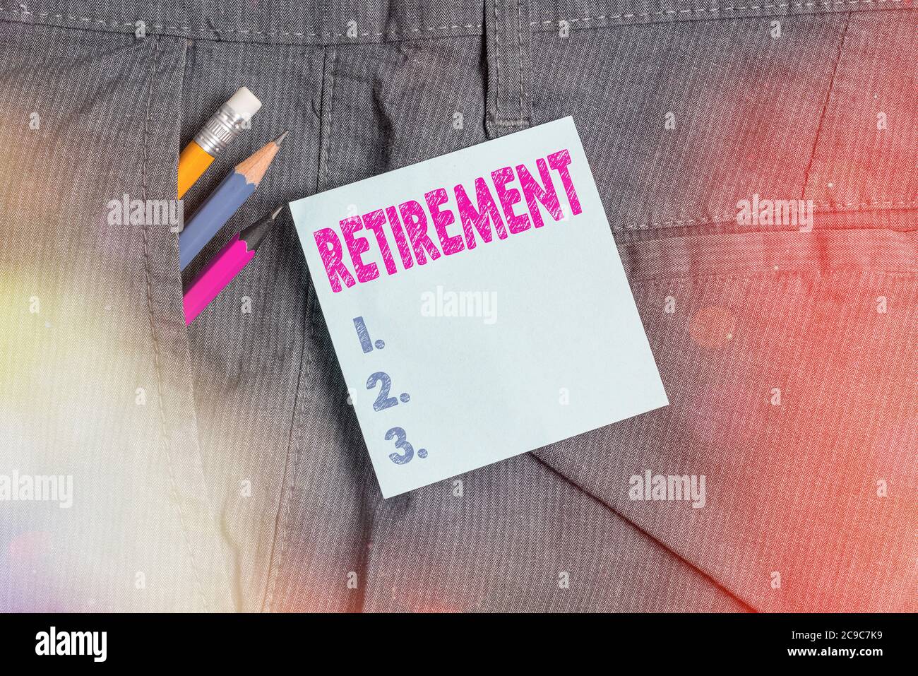 Handwriting text Retirement. Conceptual photo withdrawal from one s is occupation or from active working life Writing equipment and blue note paper in Stock Photo