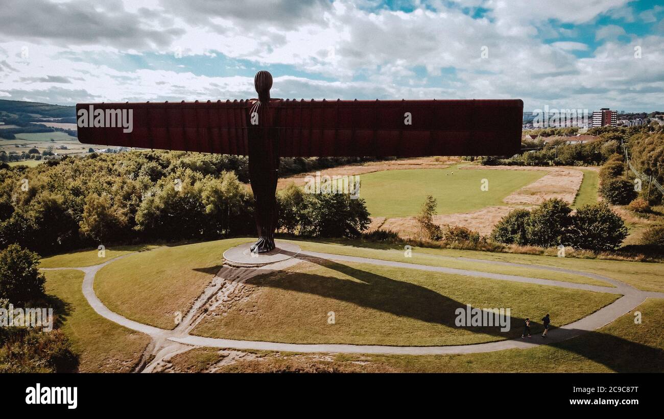 Aerial view of the Angel of the North in Gateshead Stock Photo