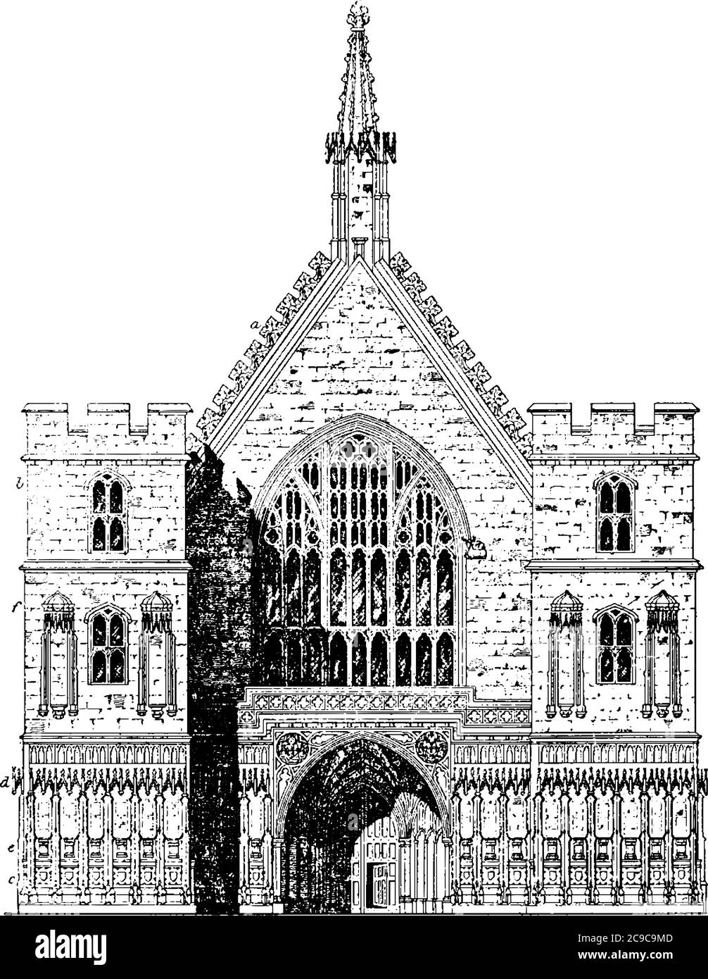 The palace of Westminster Hall, located on the banks of the River Thames, in the City of Westminster, in central London, England., vintage line drawin Stock Vector