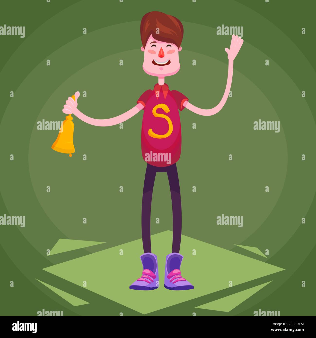 Satisfied schoolboy on the 1st of September waving his hand greeting everyone Stock Vector