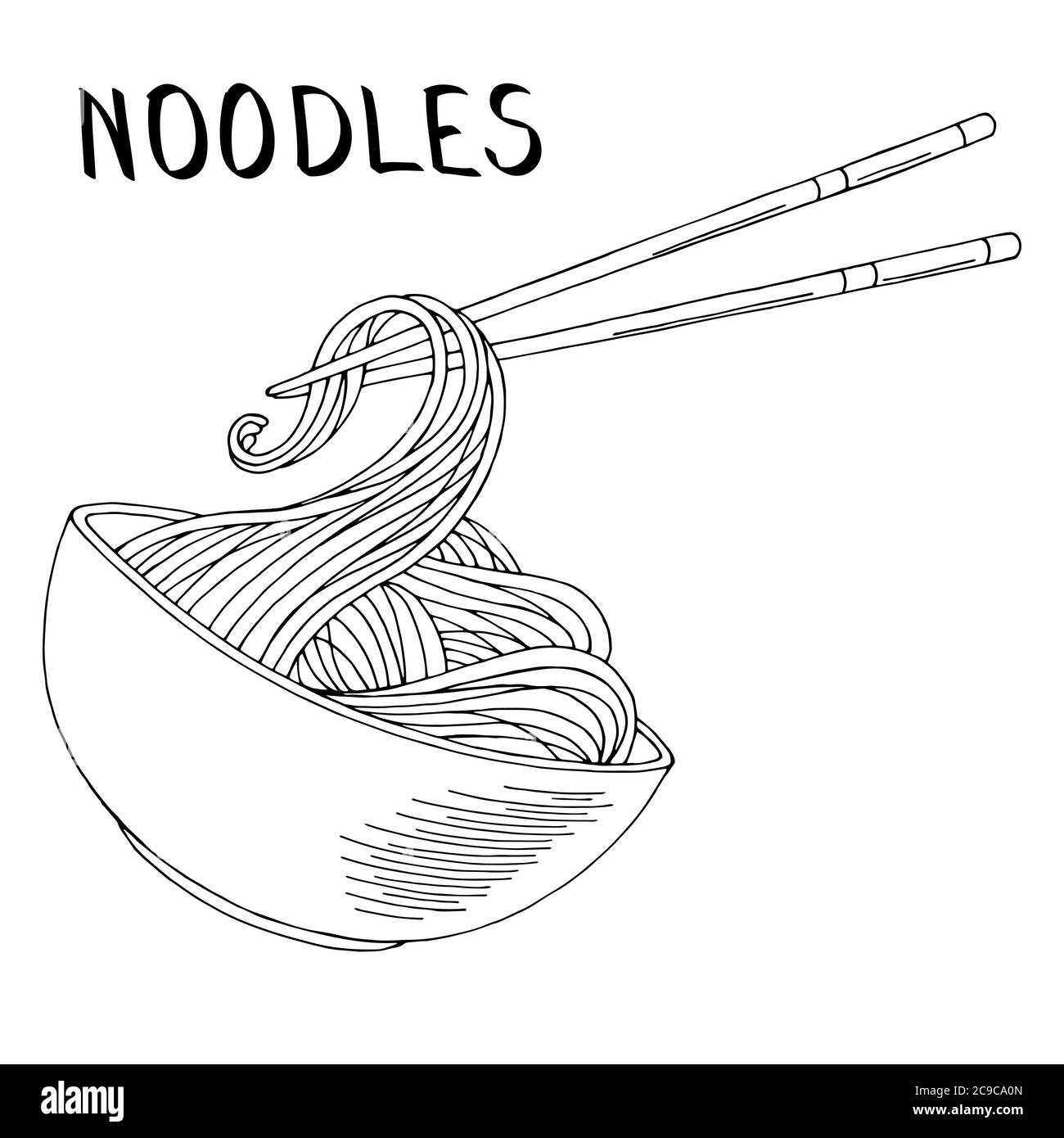 Bowl of noodles with a pair chopsticks sketch icon