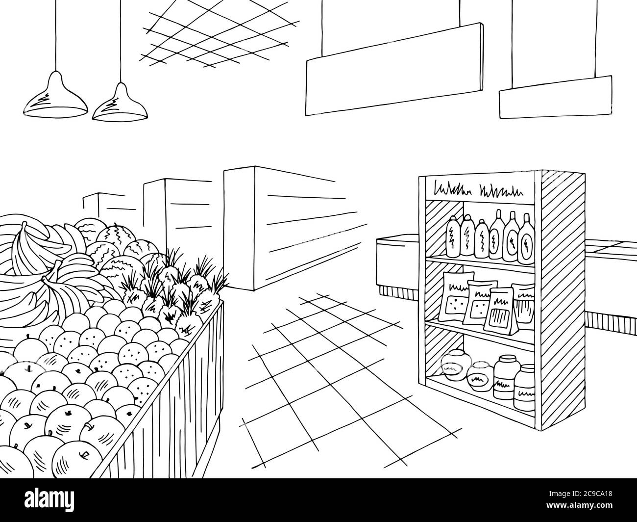 Grocery interior store shop black white graphic sketch illustration vector Stock Vector