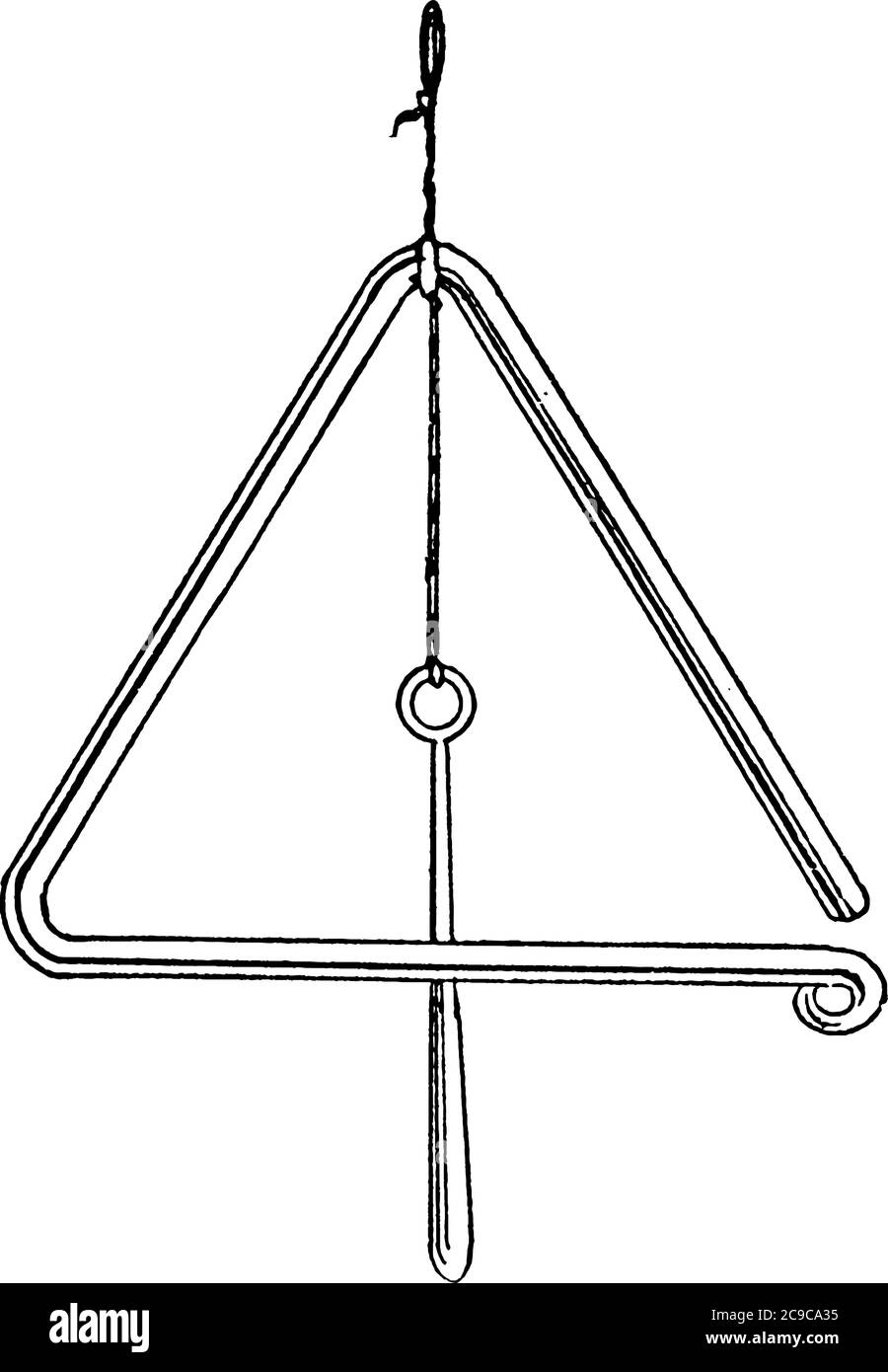 A typical representation of a cylindrical steel bar, bent into an equilateral triangle. It is struck with a small bar of the same metal, vintage line Stock Vector