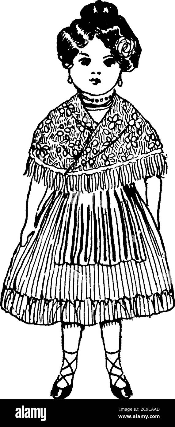 A Little girl standing in a traditional Spanish Dress, vintage line