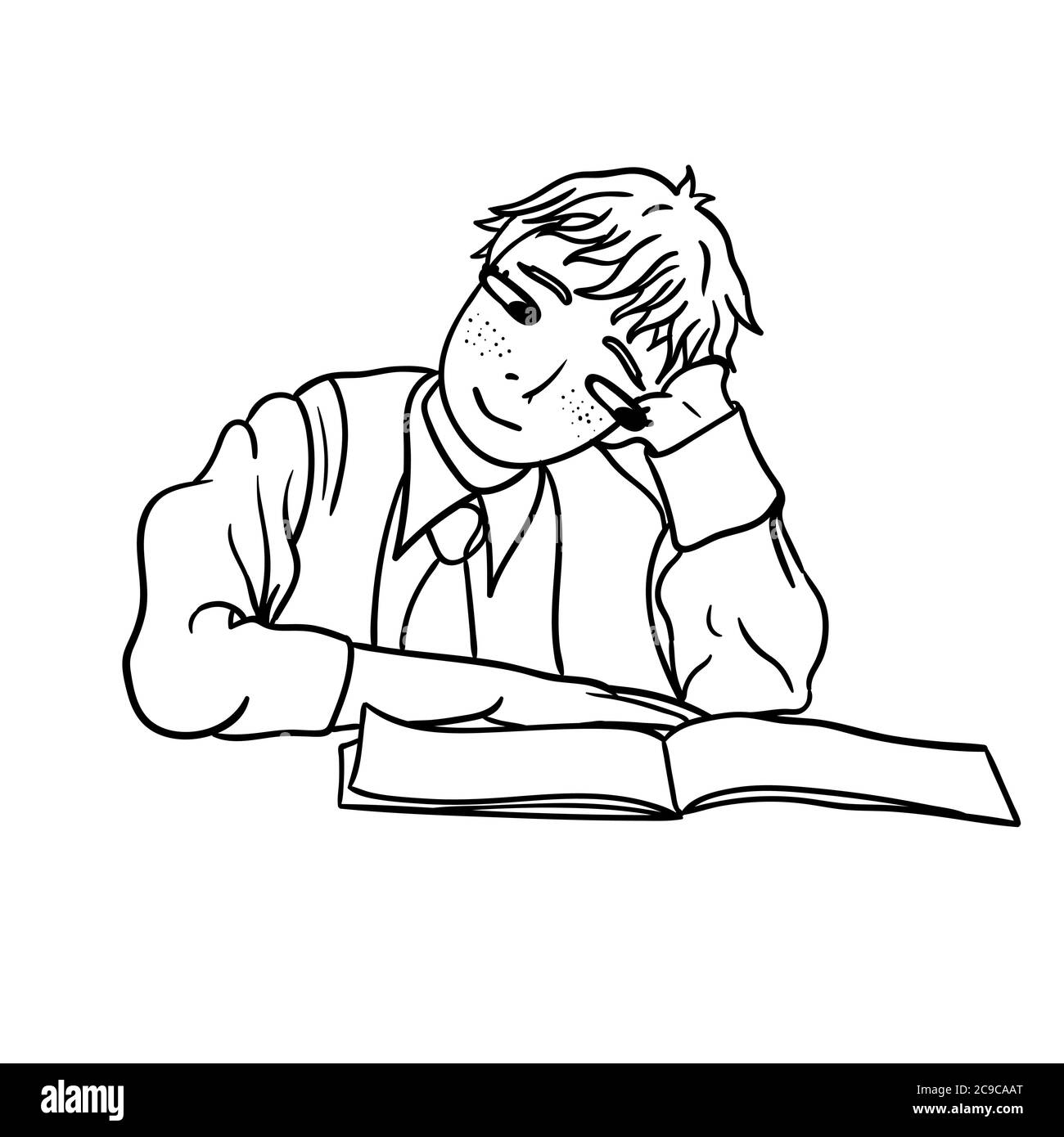 A contour drawing of a pensive student that looks into a notebook Stock Vector